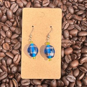 Handmade Blue Glass Dangle Earrings with Lime Accents